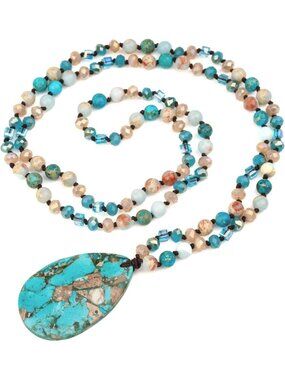 Trendy 31.5" Colorful Natural Stone Beaded Necklace with Heart Pendant - Boho